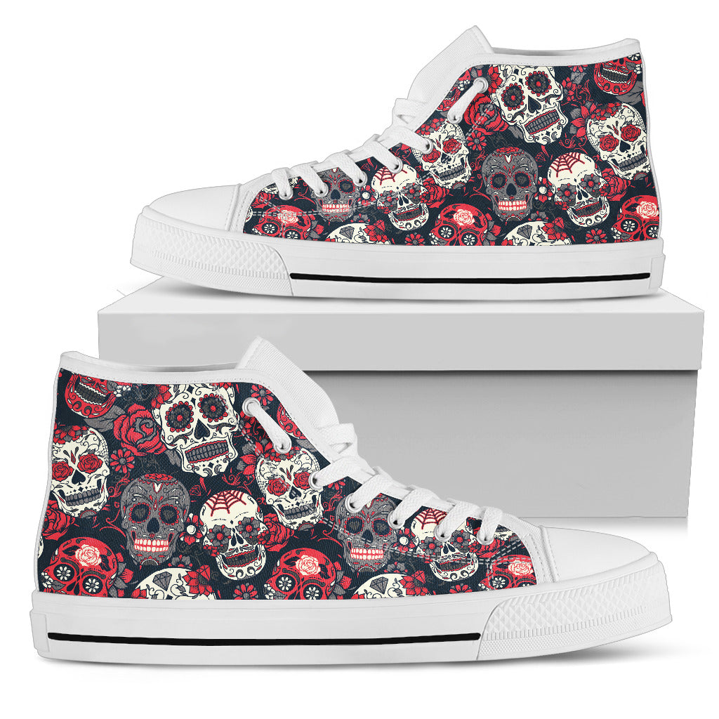 Red & White Sugar Skull High Top Shoes - Hello Moa