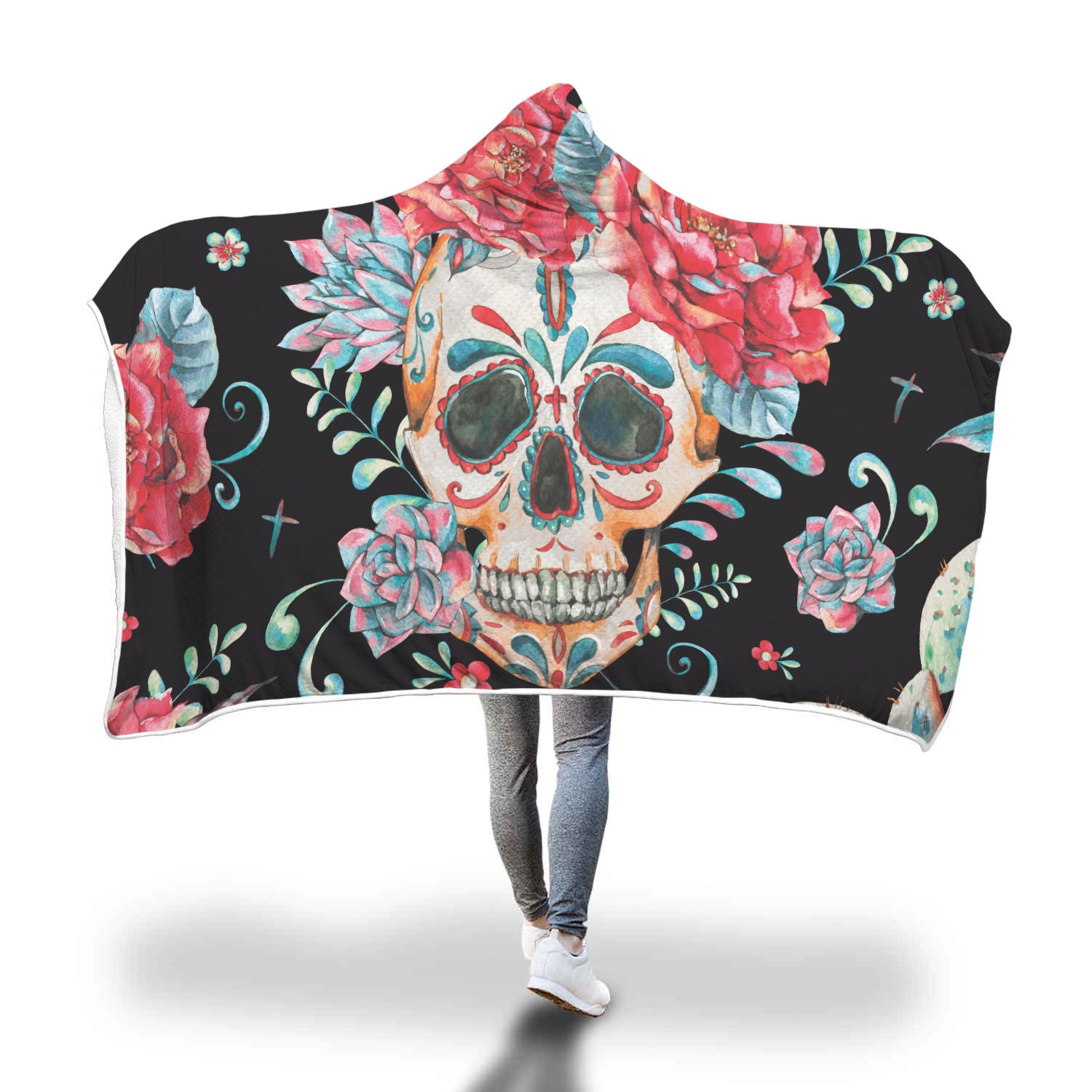 Black Flower Skull Hooded Blanket - Hello Moa
