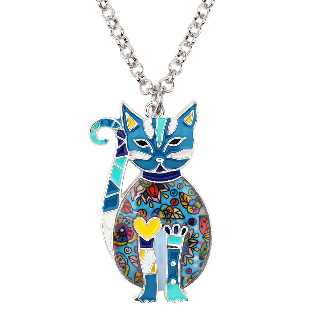 Enamel Alloy Floral Cat Necklace - Hello Moa