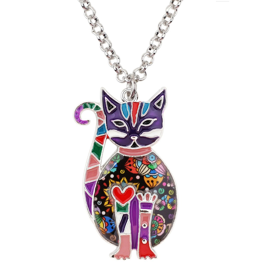 Enamel Alloy Floral Cat Necklace - Hello Moa
